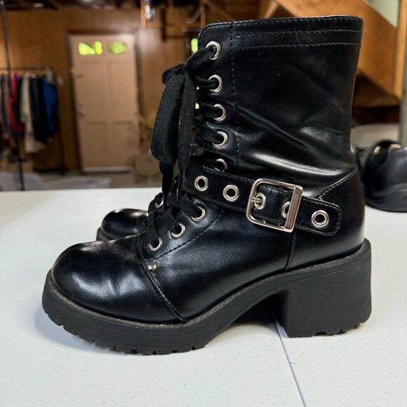 No Boundaries Shoes - No Boundaries Boots Womens 7 Black Biker Chunky VTG Y2K 90s Moto Pleather Combat